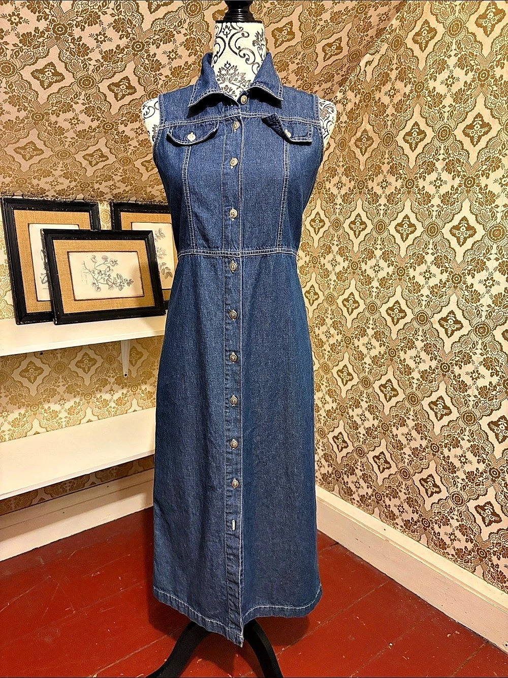 Vintage 90s Real Comfort Denim Maxi Dress Button Front Petite 2P